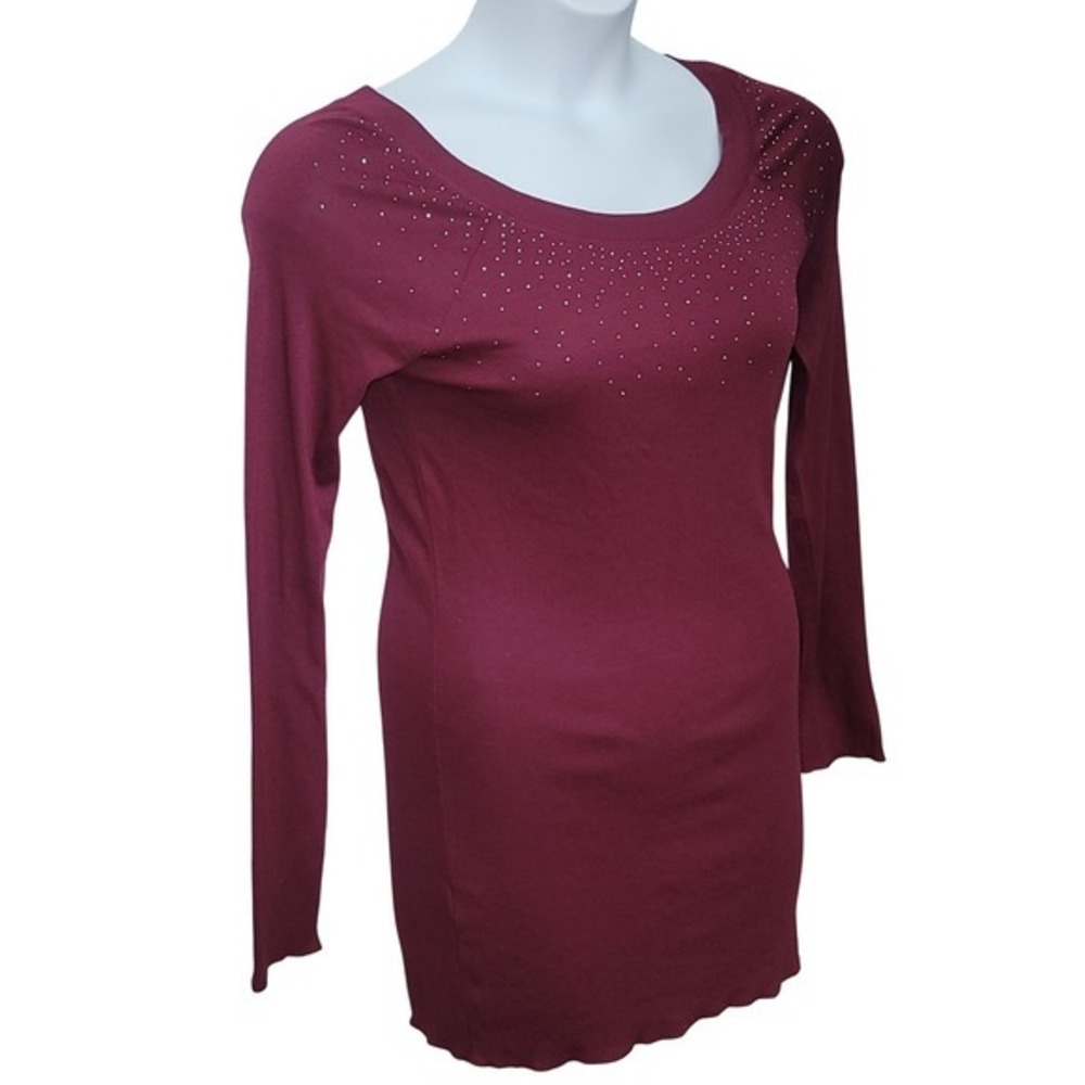 Express Maroon Embellished Scoop Neck Long Sleeve Mini Dress/Tunic Y2K Bodycon L
